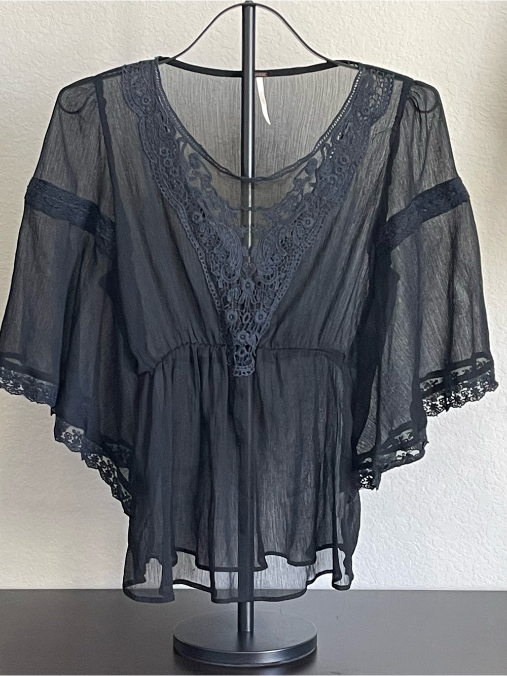 Free People Sheer Crochet Bell Sleeve Top Lace Blouse Black Dark Romantic Boho S